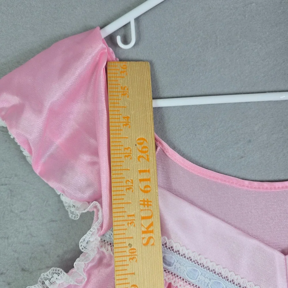 Vintage Pink Nylon Nightgown Womens Medium Pink‎ Lace Trim Ruffle Hem Sleepwear